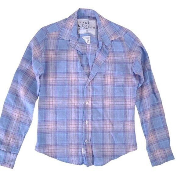 Frank & Eileen Barry Linen Plaid Button Up Shirt Size XS Blue Pink - Picture 1 of 7
